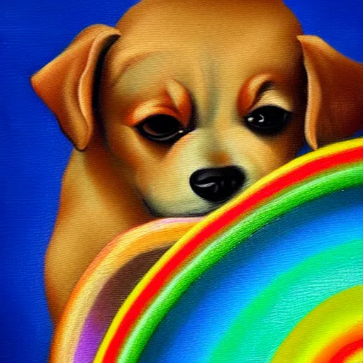 Prompt: a little dog going on a rainbow, oil painting, post modern, hyperrealism