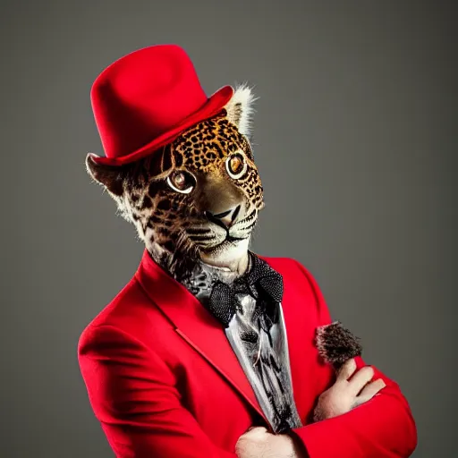 Prompt: anthropomorphic jaguar, in a red suit and fedora, studio photography,