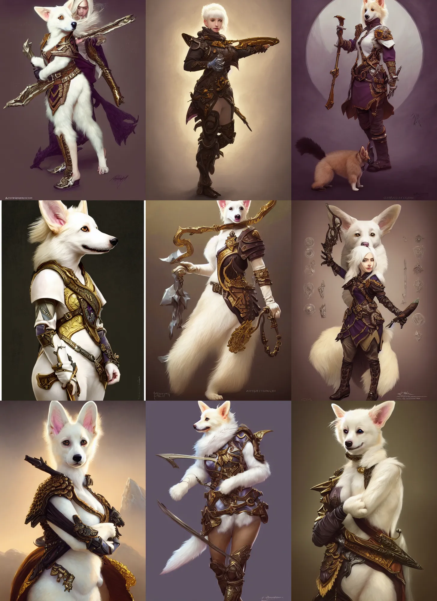 Prompt: full body photography of a female anthropomorphic albino corgi fursona ranger, deep focus, d & d, fantasy, intricate, elegant, highly detailed, digital painting, artstation, concept art, matte, sharp focus, illustration, hearthstone, art by artgerm and greg rutkowski and alphonse mucha