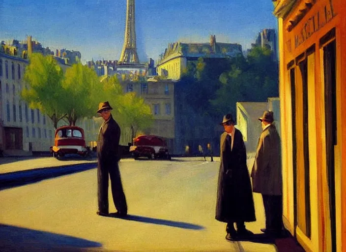 Prompt: painting, two young men and women near blue vw bus, view of paris street, by edward hopper, bernardo bertolucci dreamers movie scene