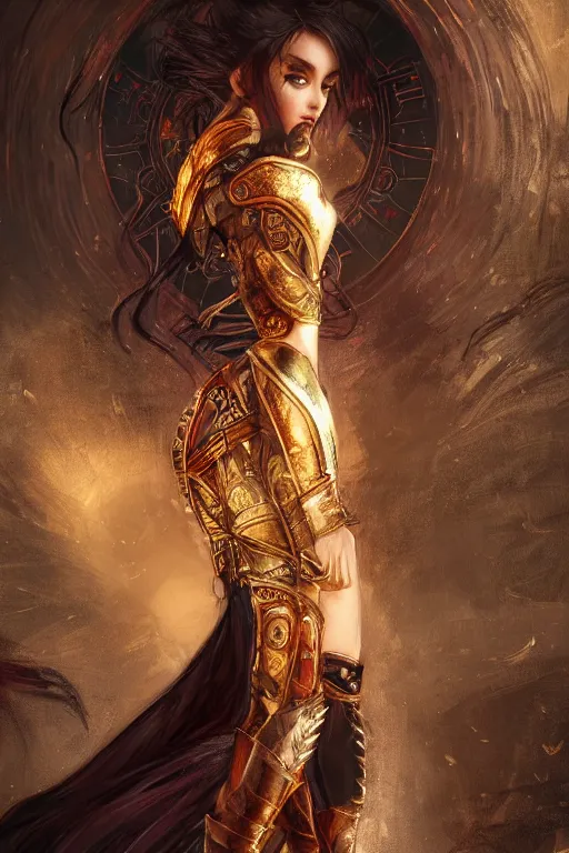 Prompt: portrait knights of Zodiac girl+smoky eyes, black and red reflected armor, in ruined Agora of Athens, black magic night, ssci-fi, fantasy, intricate, very very beautiful, elegant, golden light, highly detailed, digital painting, artstation, concept art, smooth, sharp focus, illustration, art by tian zi and WLOP and alphonse mucha