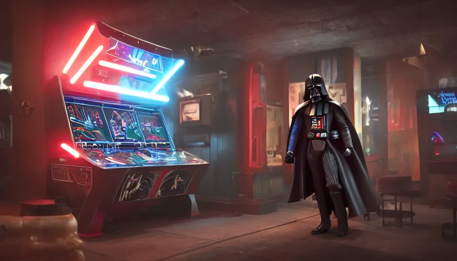 Image similar to concept art of role - playing games darth vader playing an arcade machine. macro. unreal engine 5. octane render. vray. arnold. maya. 1 8 mm lens. gopro, low angle, wide lens. trending on artstation. depth of field. colorful. d & d. centered image.