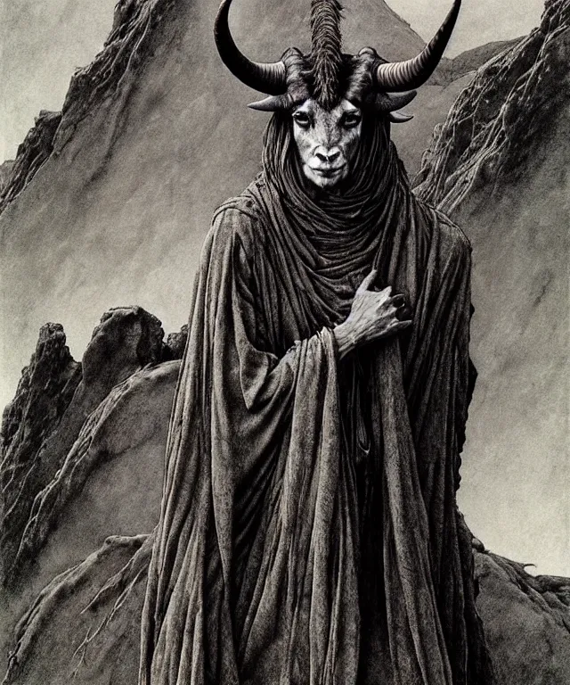 Image similar to A detailed horned goatwoman stands among the hills. Wearing a ripped mantle, robe. Perfect faces, extremely high details, realistic, fantasy art, solo, masterpiece, art by Zdzisław Beksiński, Arthur Rackham, Dariusz Zawadzki