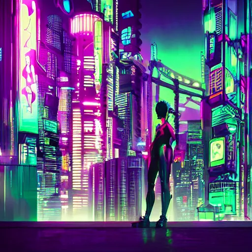 Prompt: cyberpunk city with a woman with a side head shave. city lights of aqua, green, and purple neon lighting, reflections