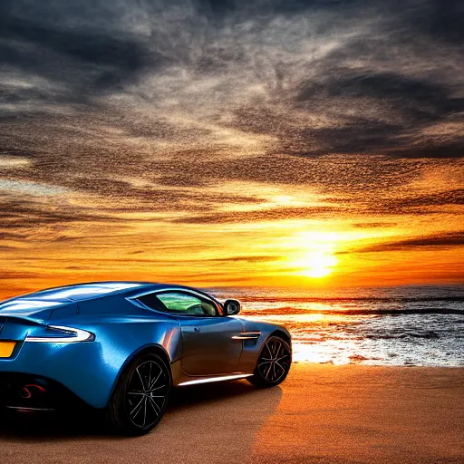 Image similar to the sea reflecting on an Aston Martin, 8k resolution, hyper detailed, ray tracing, sunset