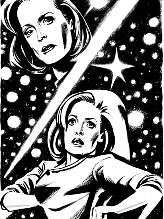 Image similar to dana scully illustrated by jack kirby, floating, hand outstretched, energy effects, power cosmic, poster, pen - and - ink illustration, kirby inks