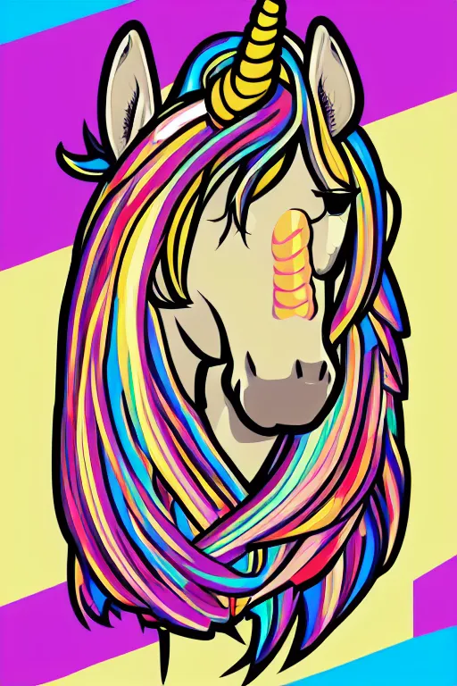 Prompt: A portrait of a gangster unicorn, sticker, highly detailed, colorful, illustration, smooth and clean vector curves, no jagged lines, vector art, smooth