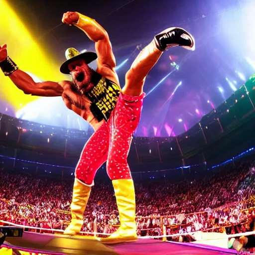 Image similar to Macho Man Randy Savage performing elbow drop from extreme height. Extreme wide angle!! very low perspective! High Quality, 4k