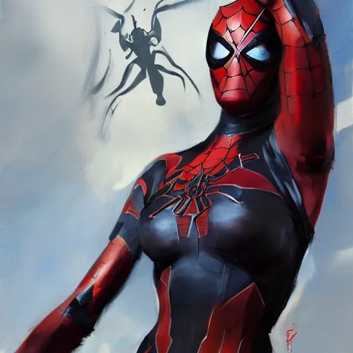 Image similar to greg manchess portrait painting of a dark female iron spiderman as overwatch character, medium shot, asymmetrical, profile picture, organic painting, sunny day, matte painting, bold shapes, hard edges, street art, trending on artstation, by huang guangjian, gil elvgren, ruan jia, greg rutkowski, gaston bussiere