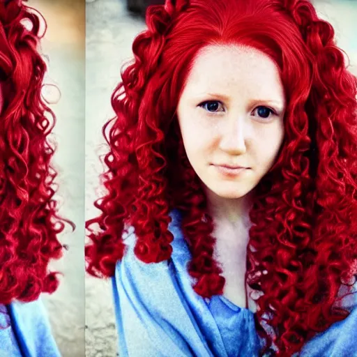 Image similar to woman with long curly red hair in villager cosplay from super smash brothers. beautiful. relaxed. realistic photo. cosplay photoshoot. high detail. convention photo.