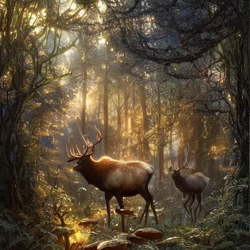 Prompt: elk in an enchanted forest, intricate design, elegant, magical, art nouveau, environment art, film still, glowing mushrooms, trails, close up, art by artgerm and greg rutkowski and ruan jia and peter polach