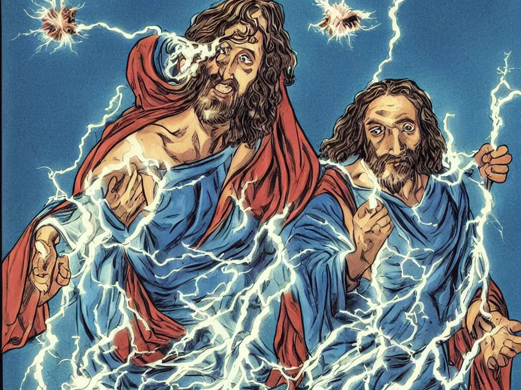 Image similar to jesus christ as a superhero with wavey hair and white eyes floating above the water shooting lightning out of his hands, drawn by alan moore, graphic novel,