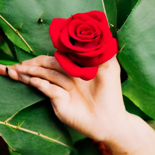 Prompt: a handpalm with a red rose growing on top of it, blended with skin, tail, thorns, leaves, photoreal