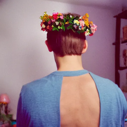 Prompt: kodak portra 4 0 0 photograph of a skinny blonde guy standing in a cluttered bedroom, back view, flower crown, moody lighting, telephoto, 9 0 s vibe, blurry background, vaporwave colors, faded!,