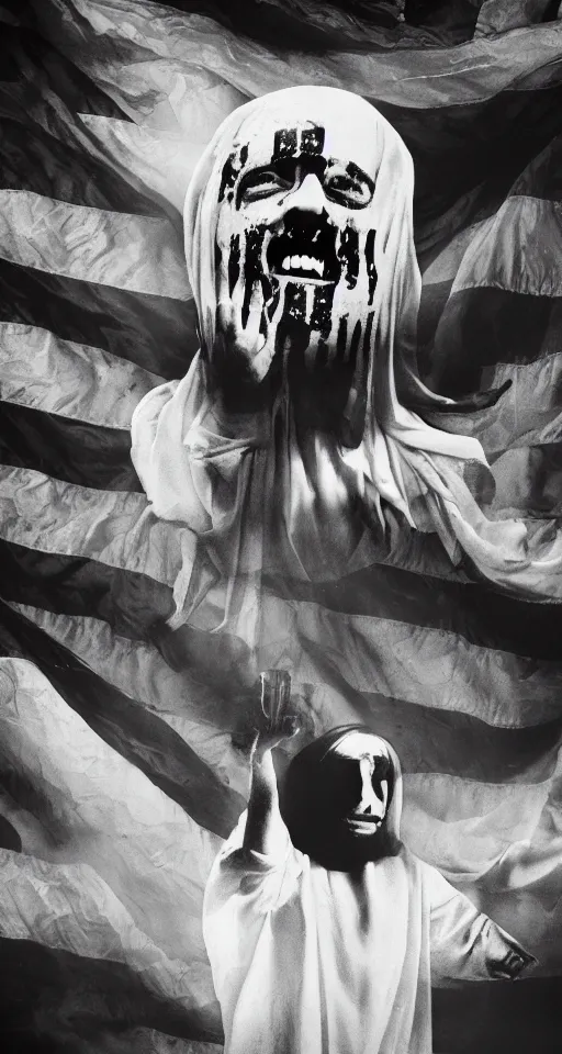 Prompt: ghost emerging from a politician, american flag, jesus christ crying in the background, lomo