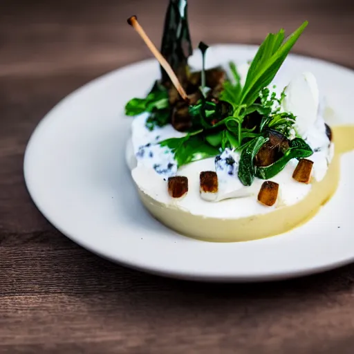 Prompt: dslr photograph of a michelin starred restaurant dish consisting of potatoes, goat cheese and honey foam, 4 0 mm f 2