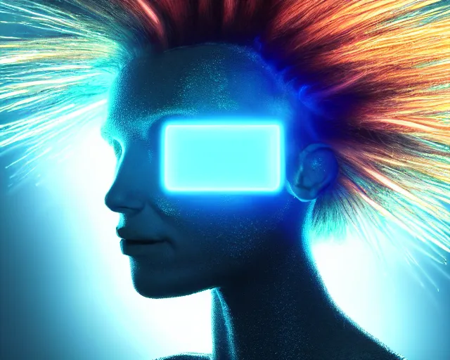 Image similar to glowing hair, complex cybernetic beings, beautiful hairy humanoids, cybermagnetosphere, cybernetic civilizations, ornate hair, love, joy, vortexes, large arrays, data holograms, 8 k, cinematic light shadows, wet hdr refractions, *, * * *, * * * * *