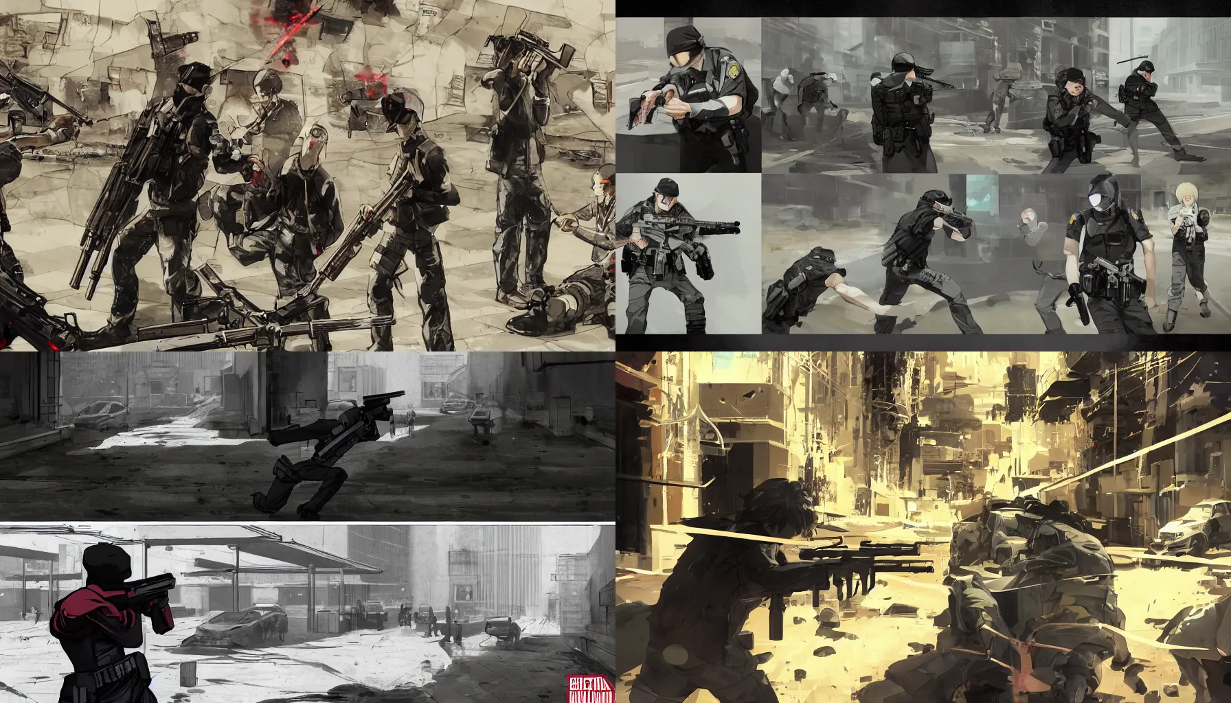 Prompt: Concept art of a shootout between Police and bank robbers in a multiplayer stealth first person bank robbery simulator game, set in 19XX, anime style graphics inspired by Akira + Heat + Metal Gear Solid 4, Unreal engine 5, anime bullet vfx, bullet holes, Highly Detailed, Vibrant, created by Arc System Works + Hideo Kojima + Rockstar