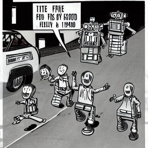 Image similar to in the style of 1960s, A scary robot is chasing after a bunch of scared kids down the street, fully detailed , fully detailed kids faces in focus