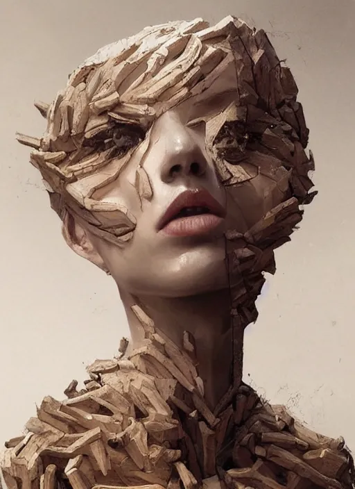 Prompt: sculpture made of wood, portrait, female, future, harper's bazaar, vogue, magazine, intricate, concept art, close up, ornate, luxury, elite, elegant, trending on artstation, by ruan jia, by Kenneth Willardt, by ross tran, by WLOP, by Andrei Riabovitchev,