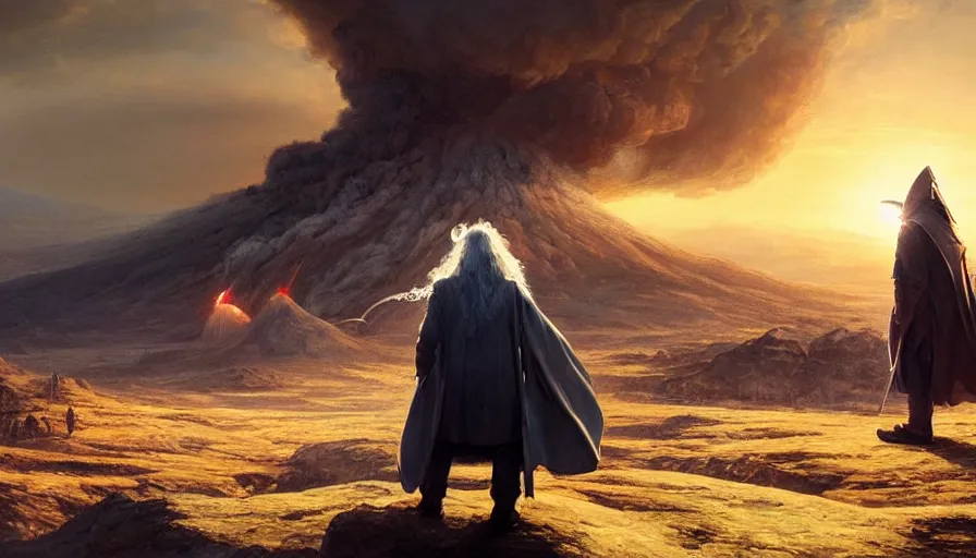 Image similar to a beautiful painting of gandalf watching a nuclear explosion on an alien world, ray traced lighting by jean kalin popov and greg rutkowski