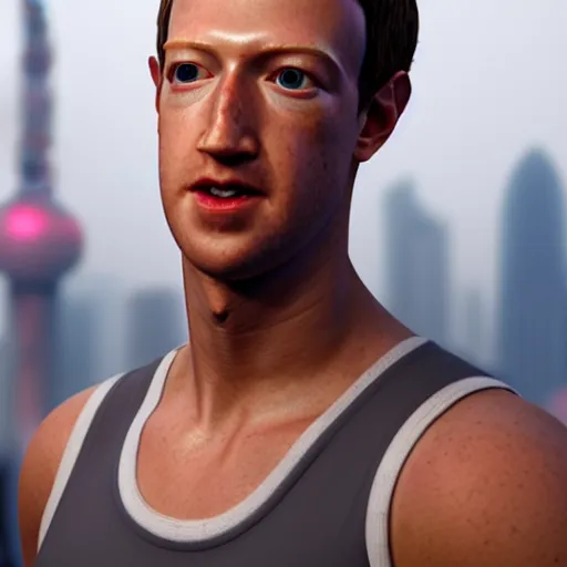 Prompt: close up macro photograph of very hot and muscular mark zuckerberg, gleaming skin, glowing, sparkling, on top on shanghai tower, hyper realistic, rendered in unreal 5, octane render, artstation, ambient lighting