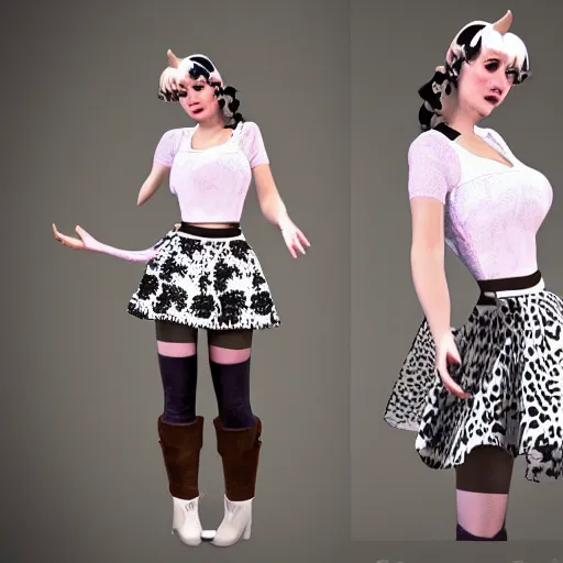 Prompt: A Marvelous Designer render of a cow costume. Holstein print peasant top, skater skirt, white go-go boots with hooves.