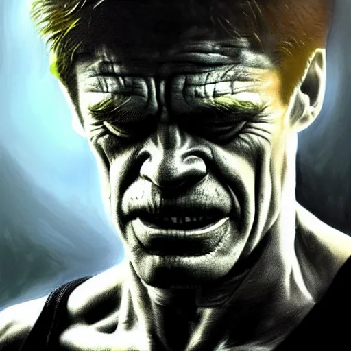 Image similar to willem defoe transforming into the hulk, cinematic shot, painting by jama jurabaev, extremely detailed, brush hard, artstation, high quality, brush stroke