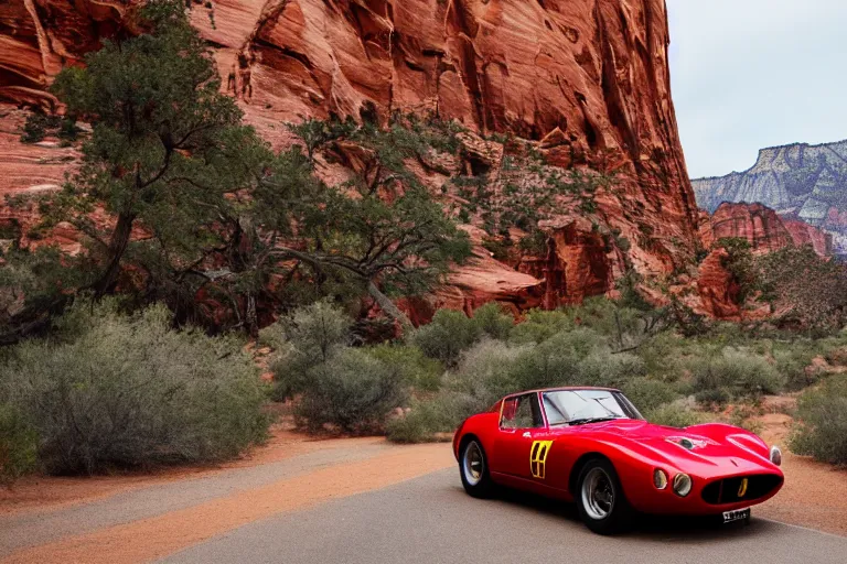 Image similar to cinematography Ferrari 250 GTO series 2 in Zion national park by Emmanuel Lubezki