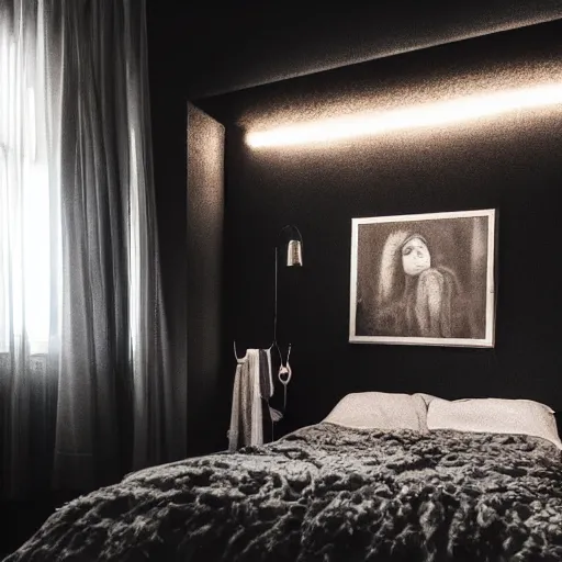 Image similar to a photo of a bedroom shot from the bathroom shot at night with art on the wall, dark and moody lighting, lived in, millennial vibes, highly detailed