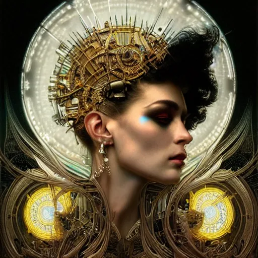 Image similar to extremely psychedelic beautiful cyborg queen of lsd infected by night. intricate, elegant, highly detailed, extremely lifelike photorealistic digital painting, artstation. steichen, gaston bussiere, tom bagshaw, cyberpunk alphonse mucha. elegant minimalism. anatomically correct. sultry. sharp focus. gold and black, white accents. melancholic. lifelike