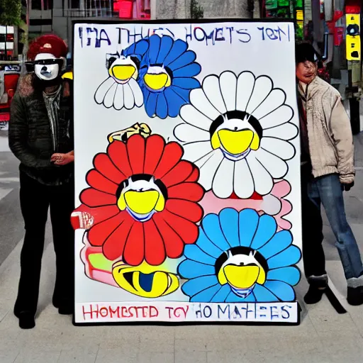 Image similar to a protest sign that says arm the homeless by takashi murakami