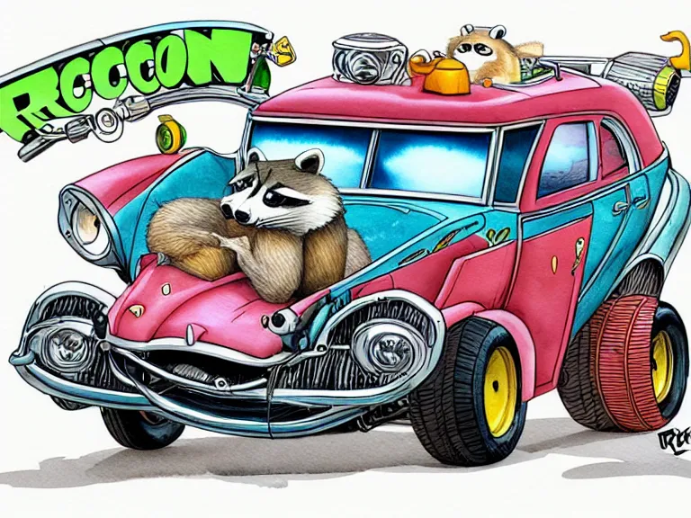 Image similar to cute and funny, racoon riding in a tiny hot rod coupe with oversized engine, ratfink style by ed roth, centered award winning watercolor pen illustration, isometric illustration by chihiro iwasaki, edited by range murata