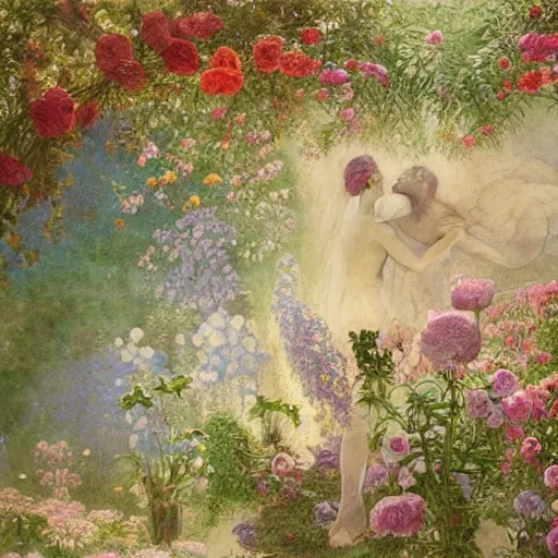 Image similar to This painting is a large canvas, covered in a wash of color. In the center is a cluster of flowers, their petals curling and twisting in on themselves. The effect is ethereal and dreamlike, and the overall effect is one of serenity and peace. caput mortuum, chalk art by W. Heath Robinson, by Albert Bierstadt, by Abbott Fuller Graves AWESOME, detailed