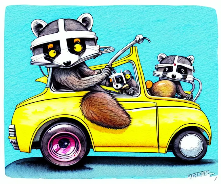 Prompt: cute and funny, racoon wearing a helmet riding in a tiny hot rod with oversized engine, ratfink style by ed roth, centered award winning watercolor pen illustration, isometric illustration by chihiro iwasaki, edited by range murata, tiny details by artgerm and watercolor girl, symmetrically isometrically centered, focused