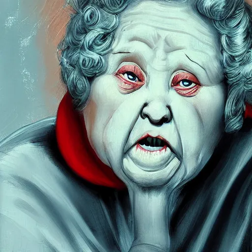Image similar to of a very funny ambient occlusion render.. a sweet fat old woman is in love with her self. flowery dress. symmetrical face, red mouth, blue eyes. deep focus, lovely scene. ambient occlusion render. concept art. unreal engine. pencil and ink. goya painting style.