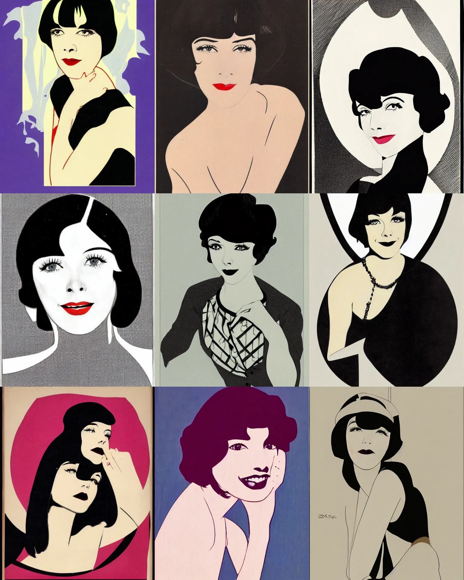 Image similar to Colleen Moore 25 years old, bob haircut, portrait by Patrick Nagel, 1920s