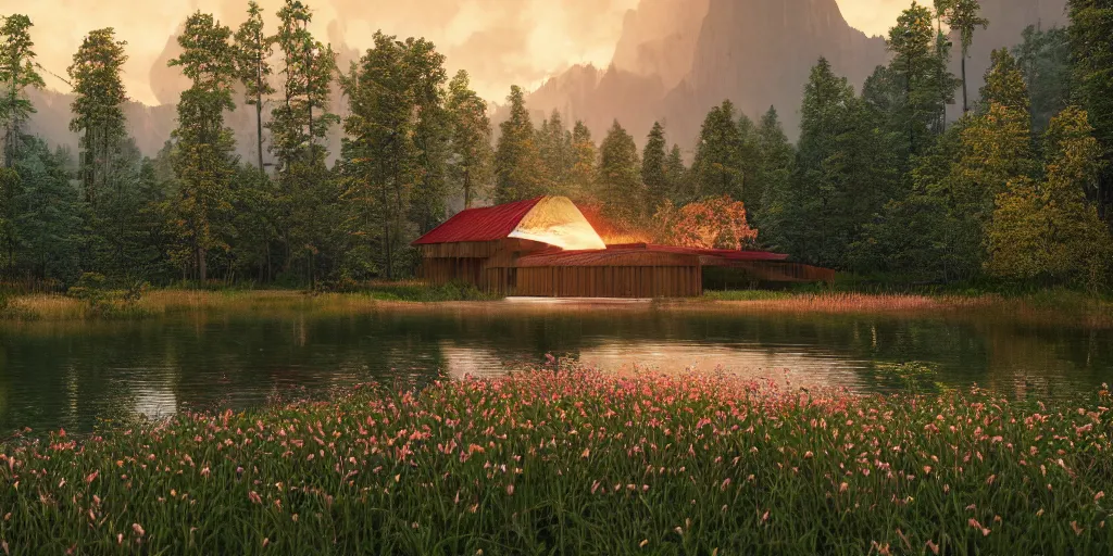 Image similar to a serene landscape with a singular building near a lake at sunrise, forest, mountains, clouds in the sky, concept art, octane render, unreal engine 5, trending on DeviantArt, highly detailed, high quality, 4K, low contrast, path traced, godrays, bloom, Ferdinand Knab, beautiful landscape, red flowers, trending on Artstation, soft lighting, hyperrealistic, digital art