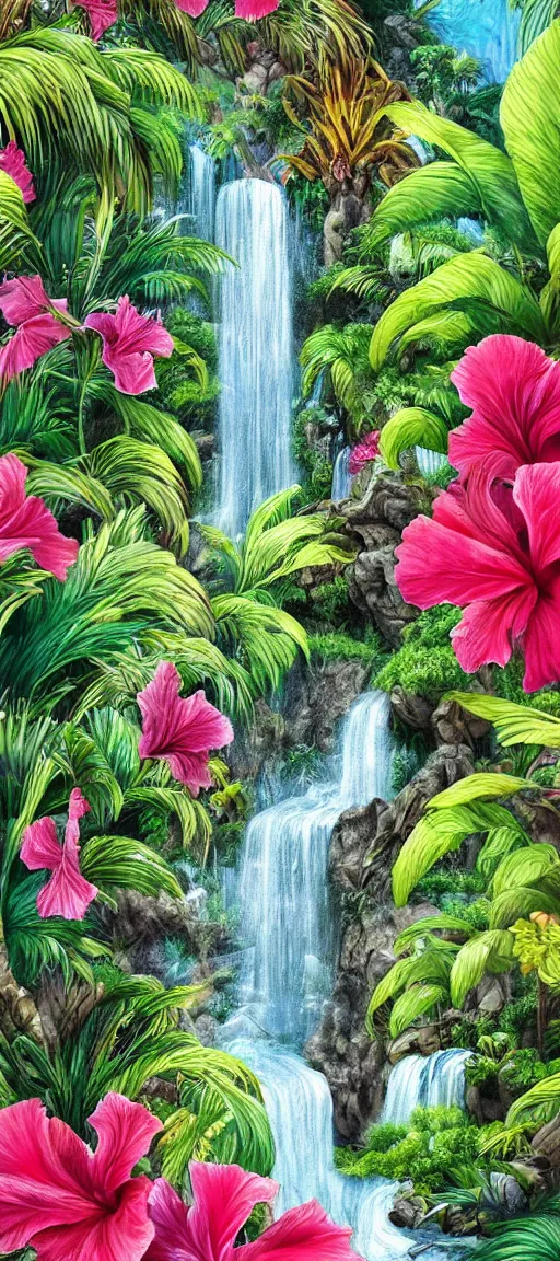 Image similar to cascading concept art of an exotic garden with waterfall and flowers and palm trees, hibiscus, detailed, highly detailed, aesthetic, realistic, hyper realism, colorful, in depth, intricate,