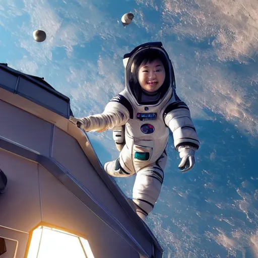 Prompt: A 16-year-old Chinese-Australian girl in an aging, dirty space suit, standing on top of a house-sized space vehicle in low-Earth orbit, a trail of garbage floating behind the ship, burning up in the atmosphere, Unreal Engine 5