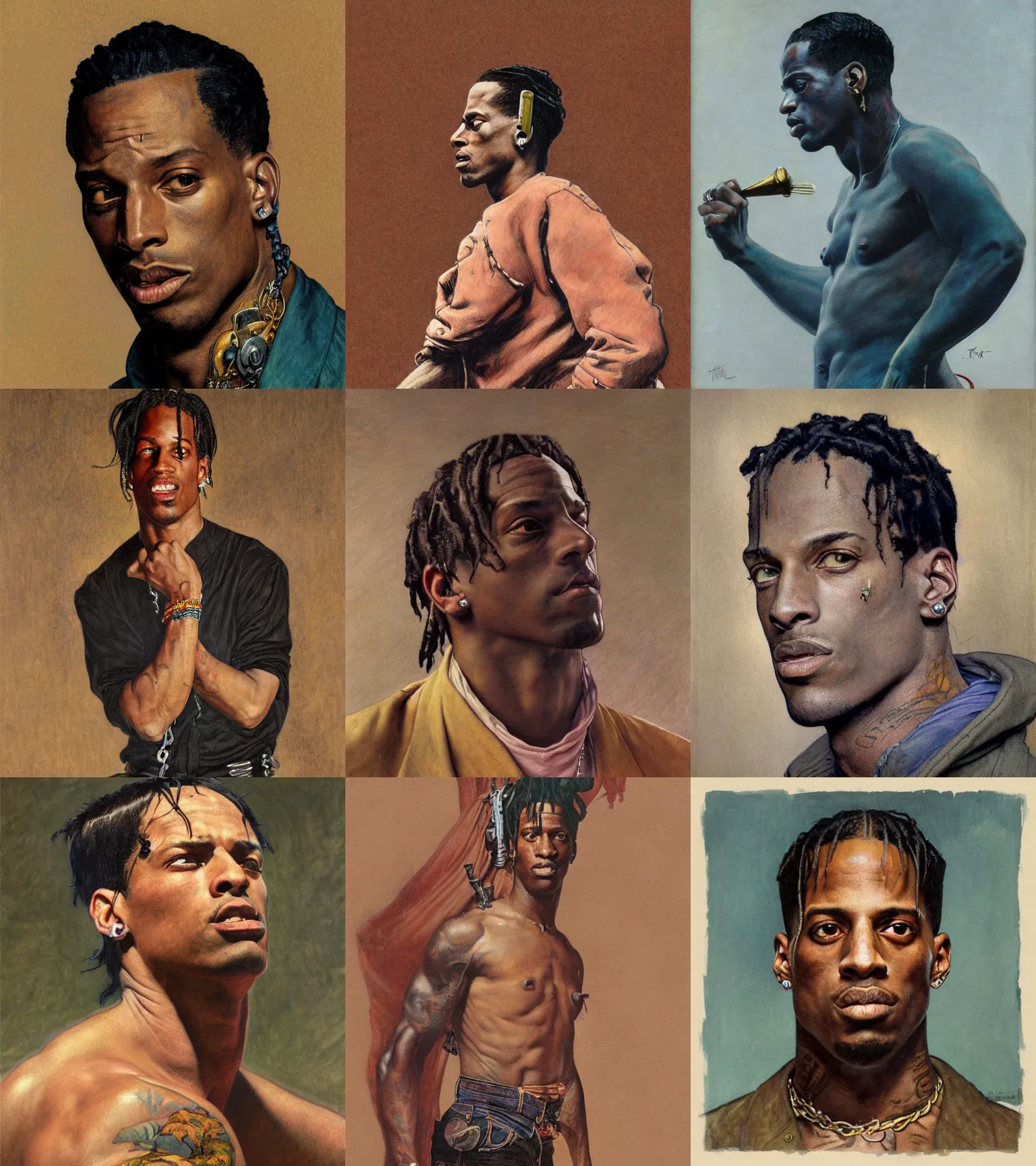 Prompt: travis scott drawn by frank frazetta, gustave caillebotte, alexandre cabanel, norman rockwell, jean auguste dominique ingres, ralph bakshi, peter paul rubens, alphonse mucha, gustav klimt 4 k, unreal 5, daz, french noveau, octane render, hyperrealistic