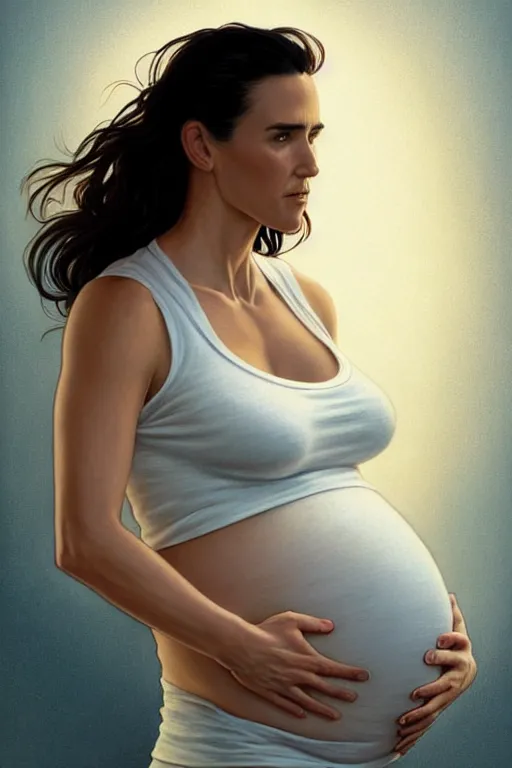 Image similar to pregnant jennifer connelly in a white tank top, realistic portrait, symmetrical, highly detailed, digital painting, artstation, concept art, smooth, sharp focus, illustration, cinematic lighting, art by artgerm and greg rutkowski and alphonse mucha