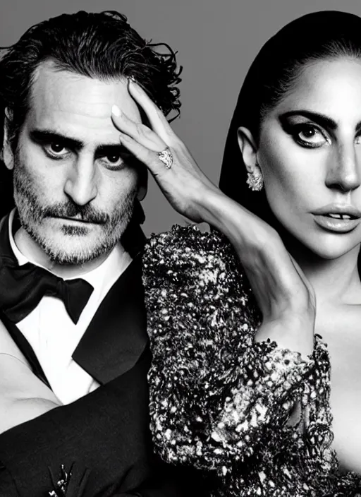 Image similar to lady gaga and joaquin phoenix styled by nick knight posing, full body shot, set pieces, intricate set, vogue magazine, canon, highly realistic. high resolution. highly detailed. dramatic. 8 k. 4 k.