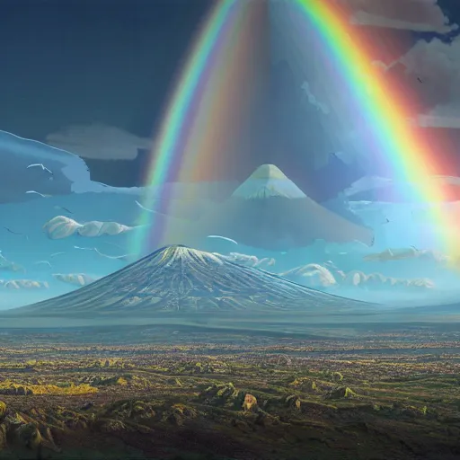 Image similar to a detailed matte painting of noah's ark, double rainbow in a clear blue sky, mount ararat far away in the background, art by dan mumford and yusuke murata and makoto shinkai and ross tran, cosmic, heavenly, god rays, intricate detail, cinematic, 8 k, cel shaded, unreal engine, featured on artstation, pixiv