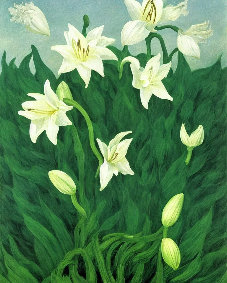 Image similar to achingly beautiful painting of one white lily on green background rene magritte, monet, and turner. piranesi.