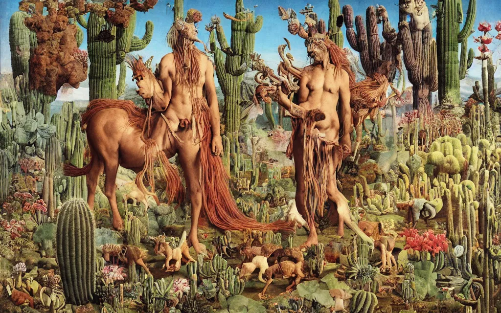Prompt: photograph of a meditating centaur shaman and a striped werewolf feeding animals. surrounded by bulbous flowers, animals and a few trees and cacti. river delta with cliffs under a blue sky of burning stars. painted by jan van eyck, max ernst, ernst haeckel, ernst fuchs and artgerm, trending on cgsociety, gouache