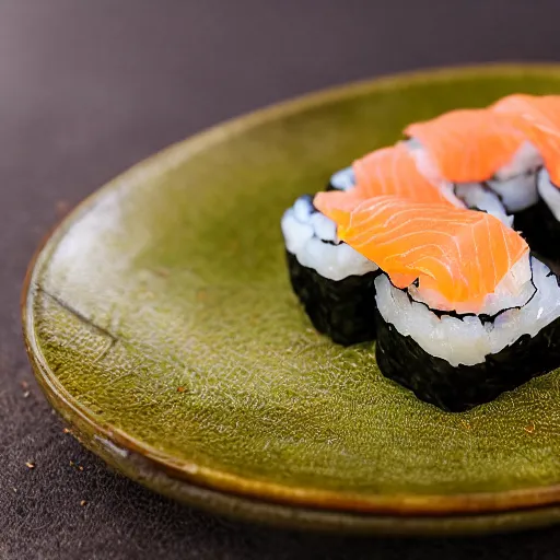 Prompt: toasted seaweed wrapped around sushi rice, filled with smoked salmon and free range eggs, 8 k resolution, food photography, studio lighting, sharp focus, hyper - detailed