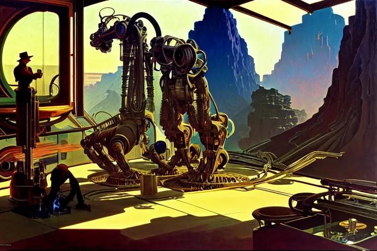 Image similar to natural american landscape | robot repairing another robot, painting by syd mead and weta studio, alphonso mucha, james jean, frank frazetta, highly detailed, rule of third, soft lighting, 8 k resolution, oil on canvas, architectural magazine, beautiful detailed, insanely intricate details, artstation trending, hypermaximalistic, high details, cinematic