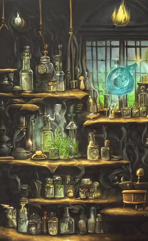 Prompt: potions Wizarding workshop, black cauldron boiling, herbs, potions in bottles, toad, matte painting, oil on canvas