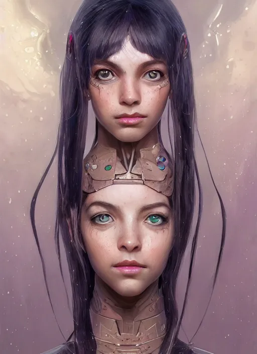 Image similar to a professional painting of a beautiful young female alien, clothed in ethereal armor, olive skin, long dark hair, beautiful bone structure, symmetrical facial features, intricate, elegant, digital painting, concept art, smooth, sharp focus, illustration, from Valerian and the City of a Thousand Planets, by Ruan Jia and Mandy Jurgens and Artgerm and William-Adolphe Bouguerea